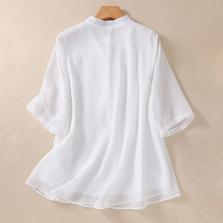 Chemise femme à manches mi-longues, col montant, boutons grenouille, broderie de Buddha Stones, plantes et fleurs