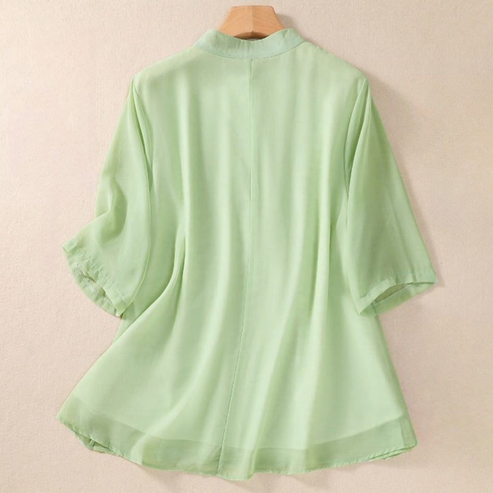 Chemise femme à manches mi-longues, col montant, boutons grenouille, broderie de Buddha Stones, plantes et fleurs