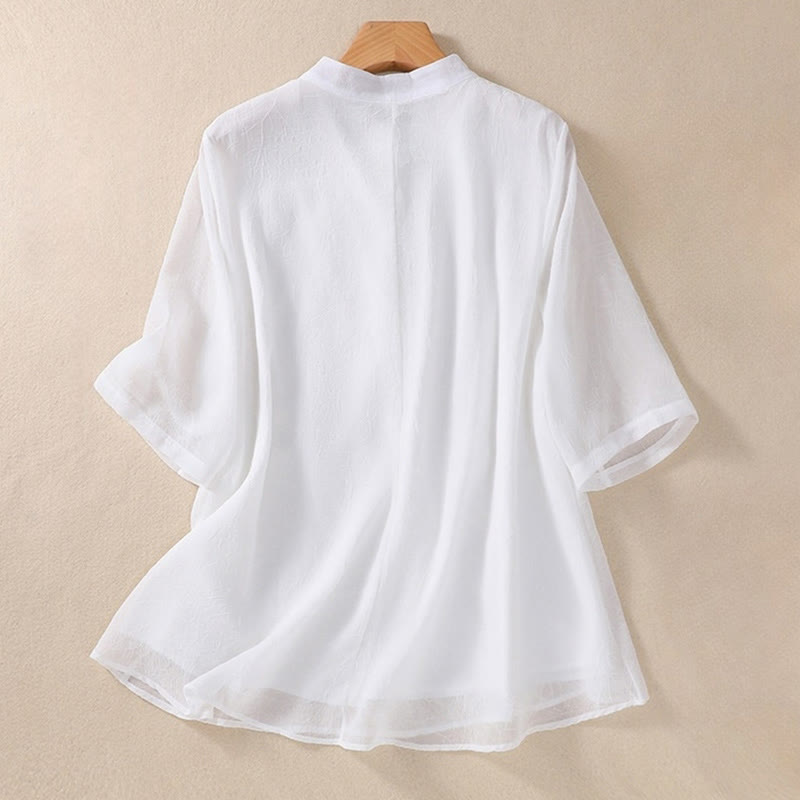 Chemise femme à manches mi-longues, col montant, boutons grenouille, broderie de Buddha Stones, plantes et fleurs - image 11