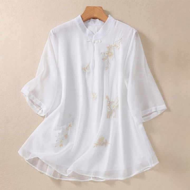 Chemise femme à manches mi-longues, col montant, boutons grenouille, broderie de Buddha Stones, plantes et fleurs