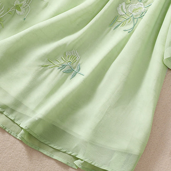 Chemise femme à manches mi-longues, col montant, boutons grenouille, broderie de Buddha Stones, plantes et fleurs