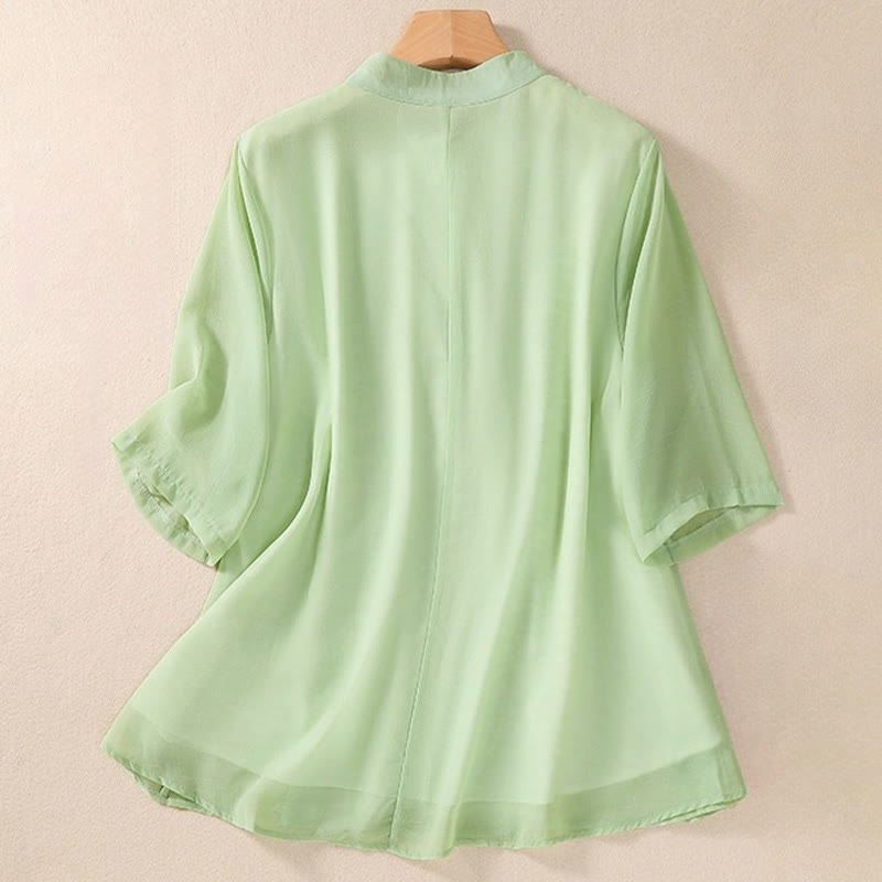 Chemise femme à manches mi-longues, col montant, boutons grenouille, broderie de Buddha Stones, plantes et fleurs - image 1