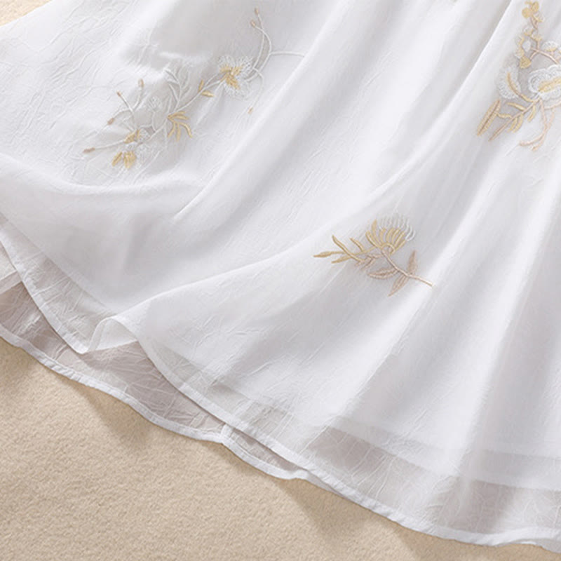 Chemise femme à manches mi-longues, col montant, boutons grenouille, broderie de Buddha Stones, plantes et fleurs