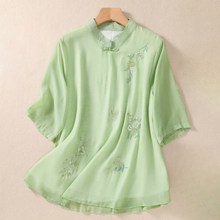 Chemise femme à manches mi-longues, col montant, boutons grenouille, broderie de Buddha Stones, plantes et fleurs