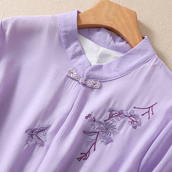 Chemise femme à manches mi-longues, col montant, boutons grenouille, broderie de Buddha Stones, plantes et fleurs