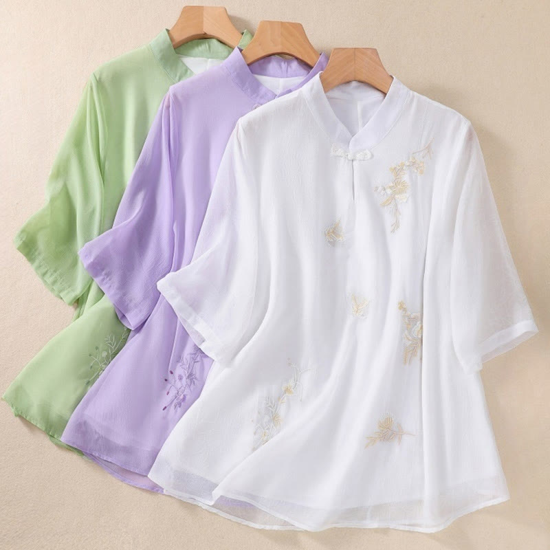 Chemise femme à manches mi-longues, col montant, boutons grenouille, broderie de Buddha Stones, plantes et fleurs