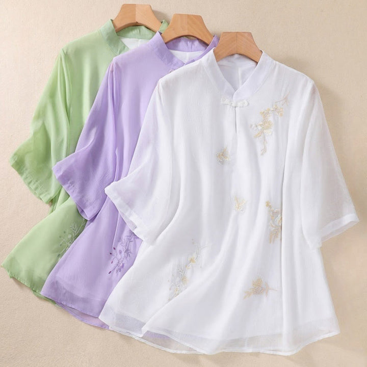 Chemise femme à manches mi-longues, col montant, boutons grenouille, broderie de Buddha Stones, plantes et fleurs