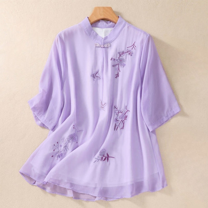 Chemise femme à manches mi-longues, col montant, boutons grenouille, broderie de Buddha Stones, plantes et fleurs