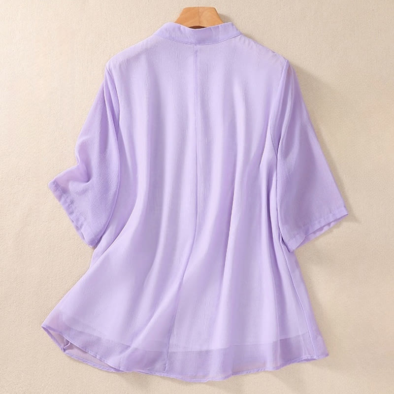 Chemise femme à manches mi-longues, col montant, boutons grenouille, broderie de Buddha Stones, plantes et fleurs