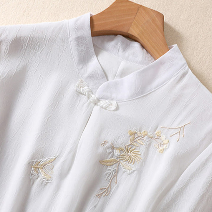 Chemise femme à manches mi-longues, col montant, boutons grenouille, broderie de Buddha Stones, plantes et fleurs