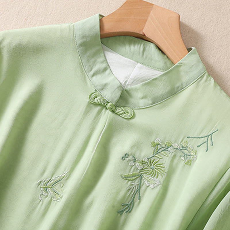 Chemise femme à manches mi-longues, col montant, boutons grenouille, broderie de Buddha Stones, plantes et fleurs