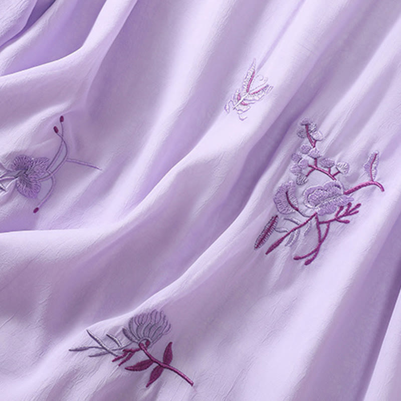 Chemise femme à manches mi-longues, col montant, boutons grenouille, broderie de Buddha Stones, plantes et fleurs