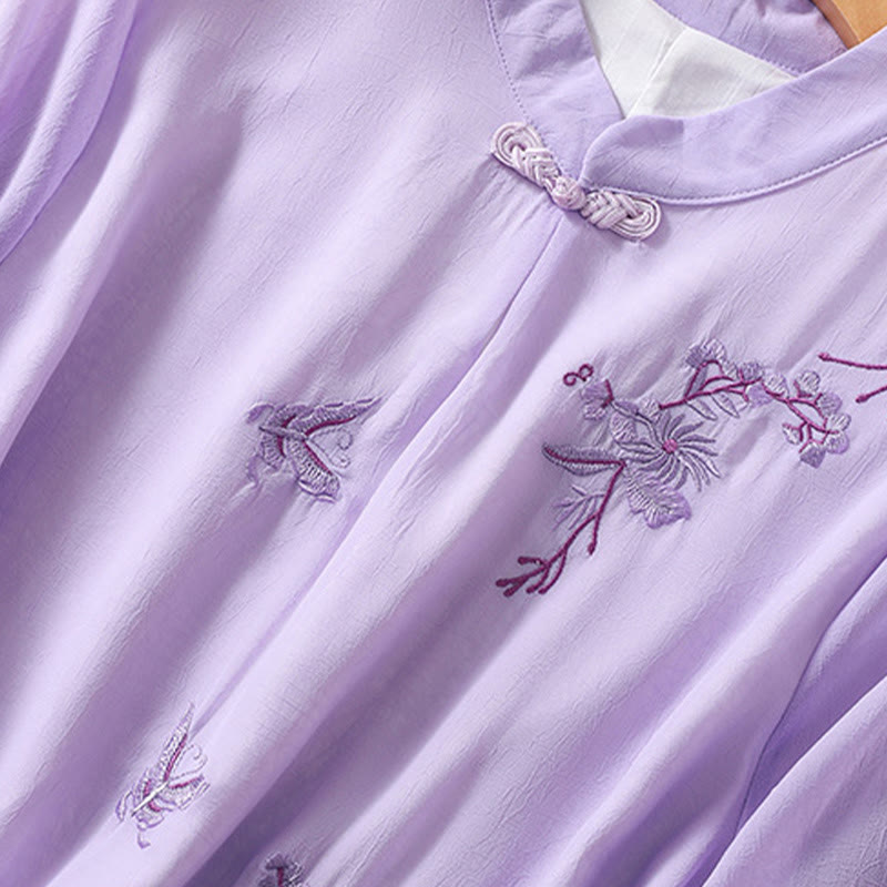 Chemise femme à manches mi-longues, col montant, boutons grenouille, broderie de Buddha Stones, plantes et fleurs