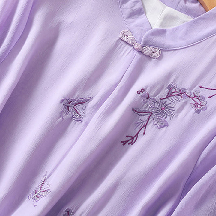 Chemise femme à manches mi-longues, col montant, boutons grenouille, broderie de Buddha Stones, plantes et fleurs