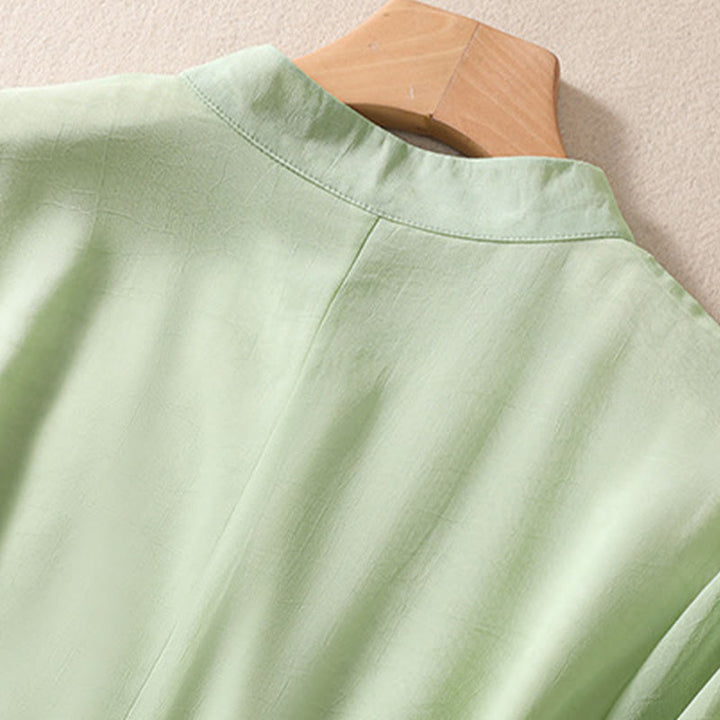 Chemise femme à manches mi-longues, col montant, boutons grenouille, broderie de Buddha Stones, plantes et fleurs