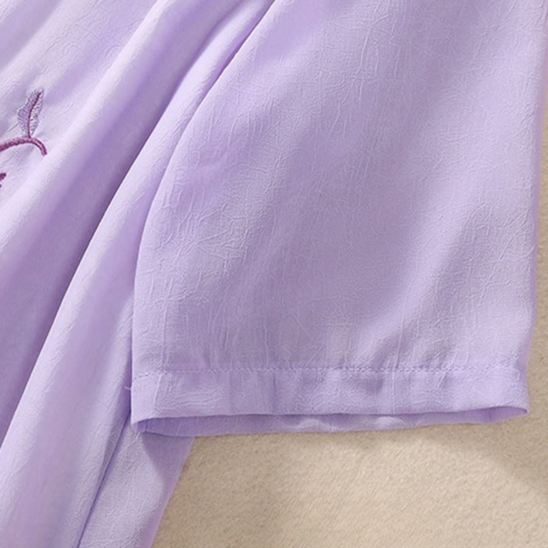 Chemise femme à manches mi-longues, col montant, boutons grenouille, broderie de Buddha Stones, plantes et fleurs