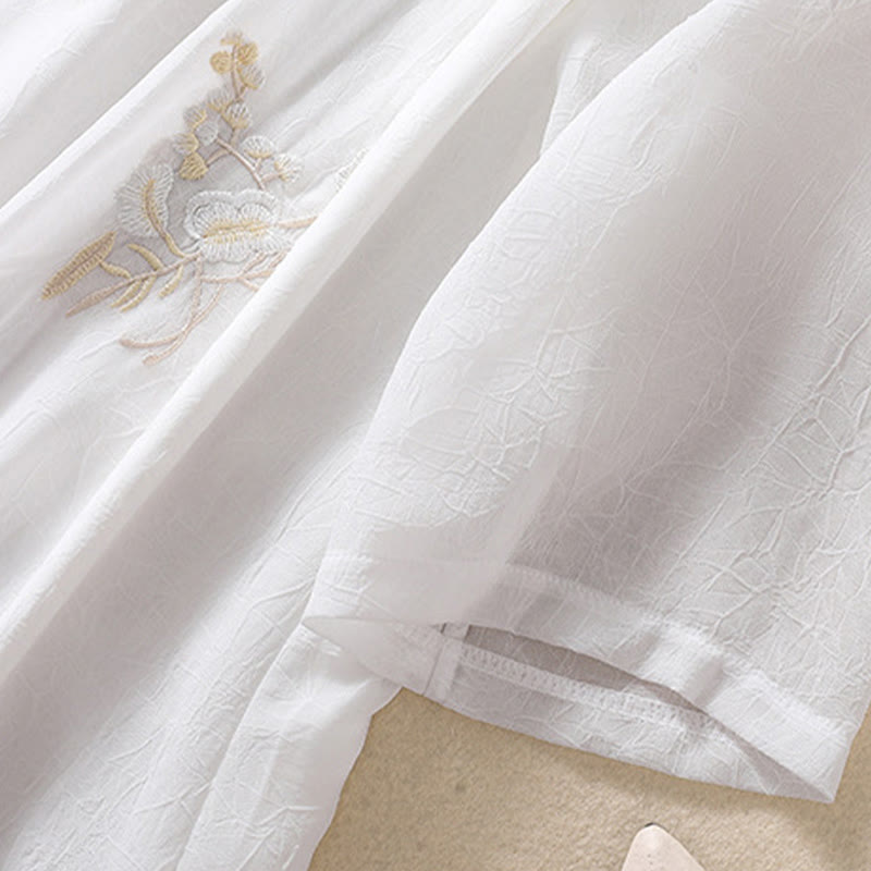 Chemise femme à manches mi-longues, col montant, boutons grenouille, broderie de Buddha Stones, plantes et fleurs