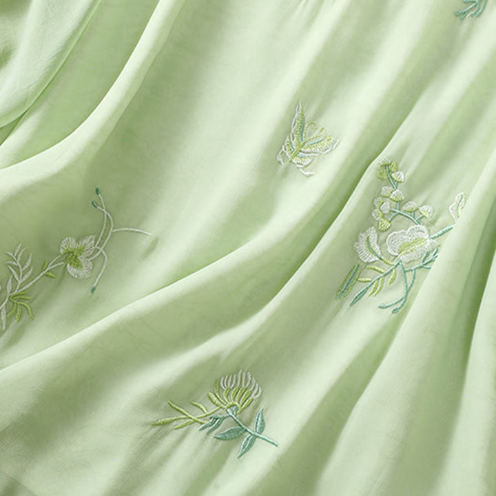 Chemise femme à manches mi-longues, col montant, boutons grenouille, broderie de Buddha Stones, plantes et fleurs