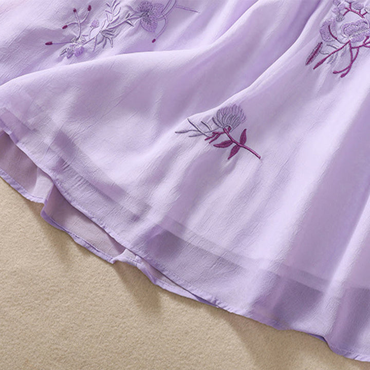 Chemise femme à manches mi-longues, col montant, boutons grenouille, broderie de Buddha Stones, plantes et fleurs