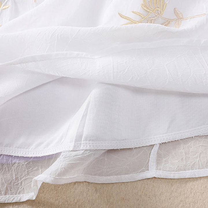 Chemise femme à manches mi-longues, col montant, boutons grenouille, broderie de Buddha Stones, plantes et fleurs