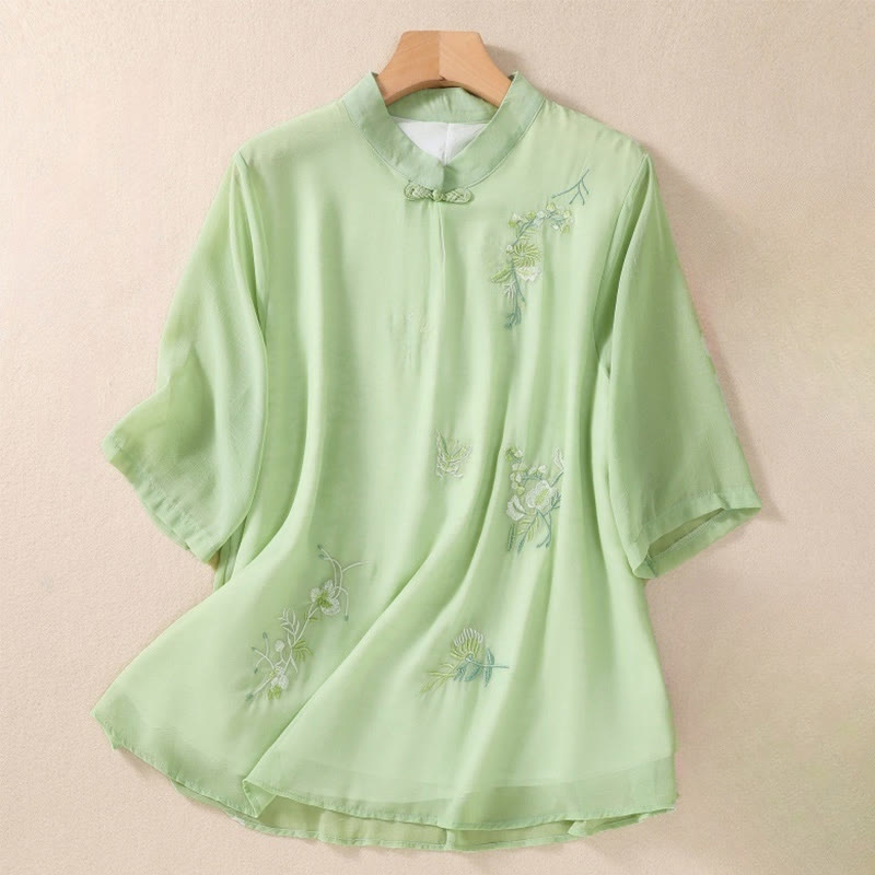 Chemise femme à manches mi-longues, col montant, boutons grenouille, broderie de Buddha Stones, plantes et fleurs - Vert pâle - US8-10，UK/AU12-14，EU40-42 (2XL) - image 0