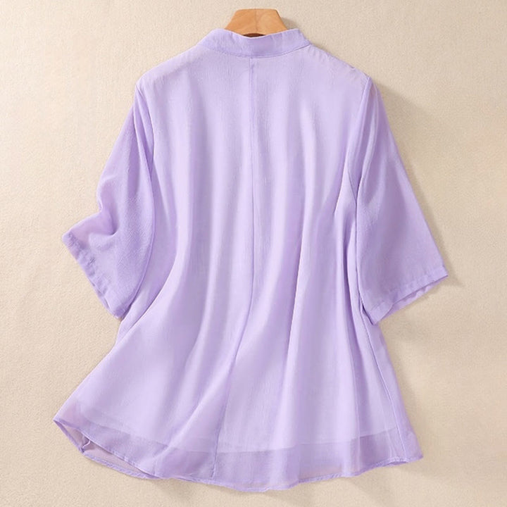 Chemise femme à manches mi-longues, col montant, boutons grenouille, broderie de Buddha Stones, plantes et fleurs - image 20