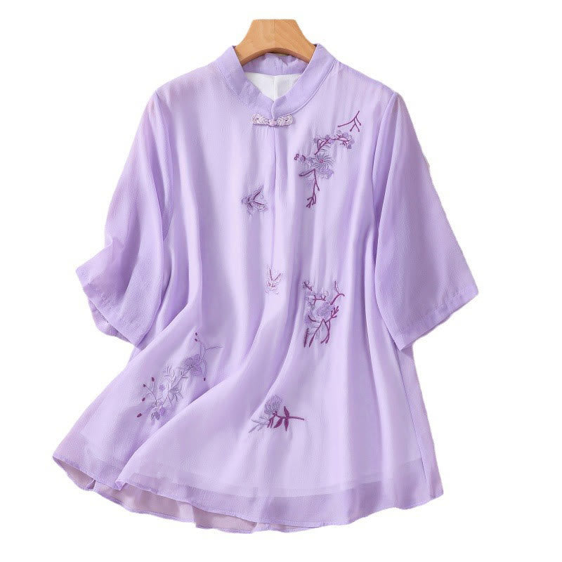 Chemise femme à manches mi-longues, col montant, boutons grenouille, broderie de Buddha Stones, plantes et fleurs
