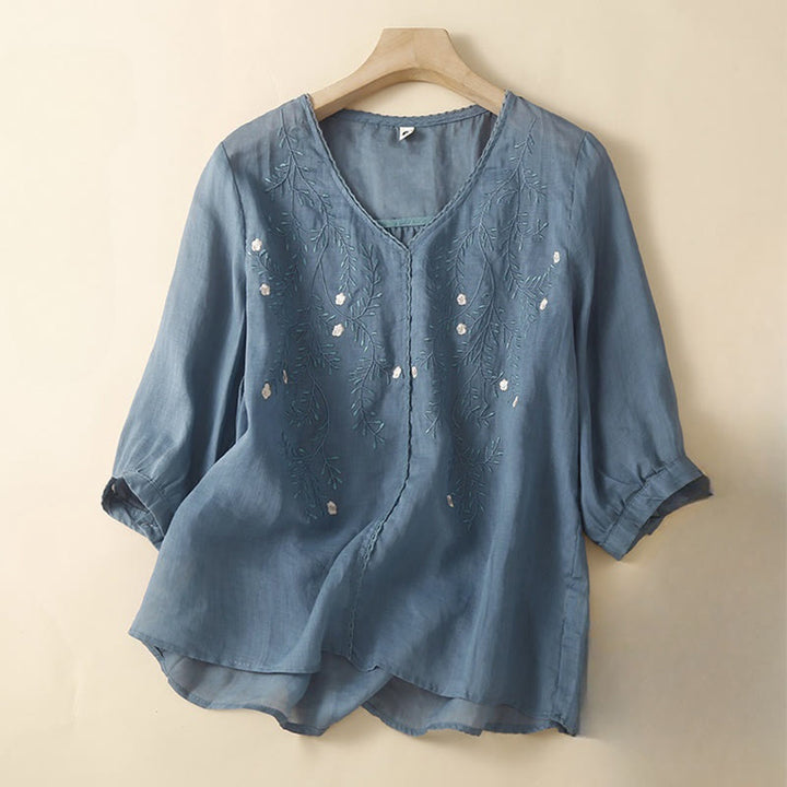 T-shirt d'été décontracté en coton et lin pour femme, motif brodé de branches de fleurs et de Buddha Stones , col en V, manches mi-longues