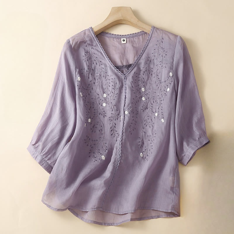 T-shirt d'été décontracté en coton et lin pour femme, motif brodé de branches de fleurs et de Buddha Stones , col en V, manches mi-longues