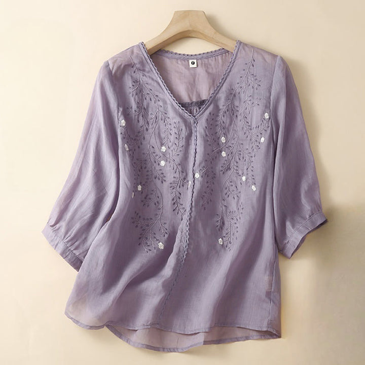 T-shirt d'été décontracté en coton et lin pour femme, motif brodé de branches de fleurs et de Buddha Stones , col en V, manches mi-longues