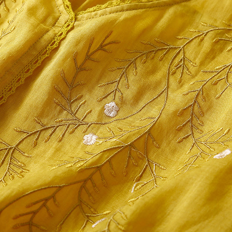 T-shirt d'été décontracté en coton et lin pour femme, motif brodé de branches de fleurs et de Buddha Stones , col en V, manches mi-longues