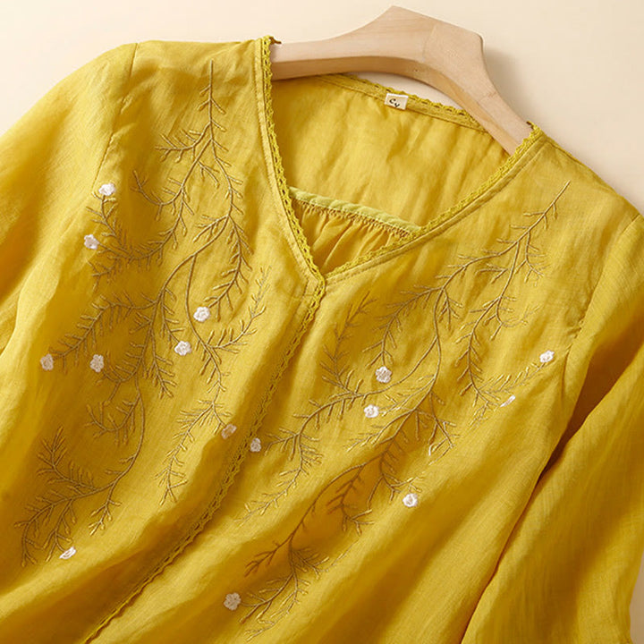 T-shirt d'été décontracté en coton et lin pour femme, motif brodé de branches de fleurs et de Buddha Stones , col en V, manches mi-longues