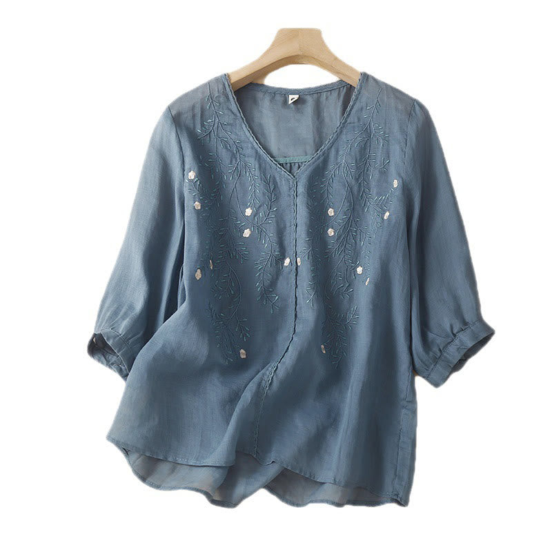 T-shirt d'été décontracté en coton et lin pour femme, motif brodé de branches de fleurs et de Buddha Stones , col en V, manches mi-longues