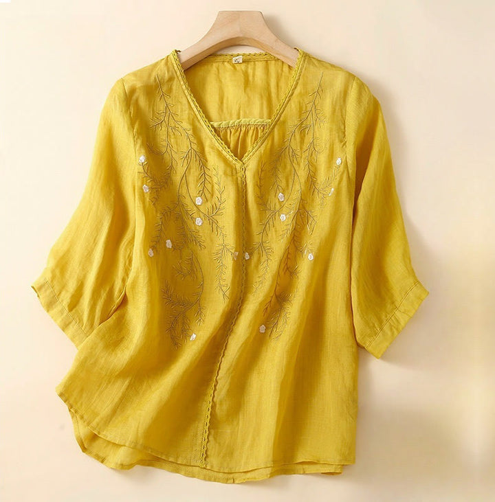 T-shirt d'été décontracté en coton et lin pour femme, motif brodé de branches de fleurs et de Buddha Stones , col en V, manches mi-longues