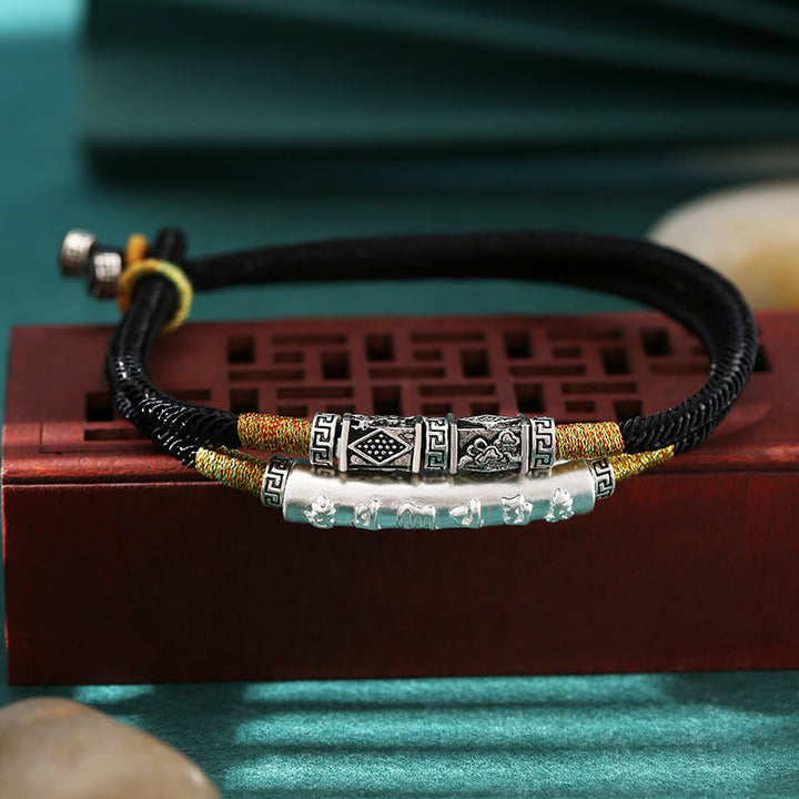 Bracelet double tissé à la main en argent sterling avec nœud de dragon et Buddha Stones - Cordon noir (tour de poignet : 15-20 cm) - image 0