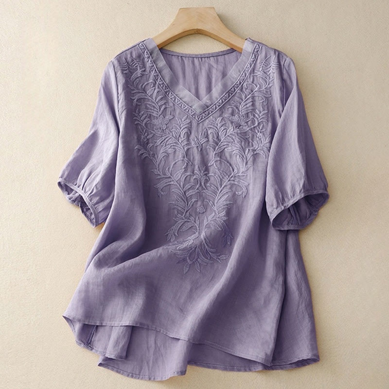 T-shirt femme vintage décontracté en coton et lin avec broderie de feuilles pures et col en V