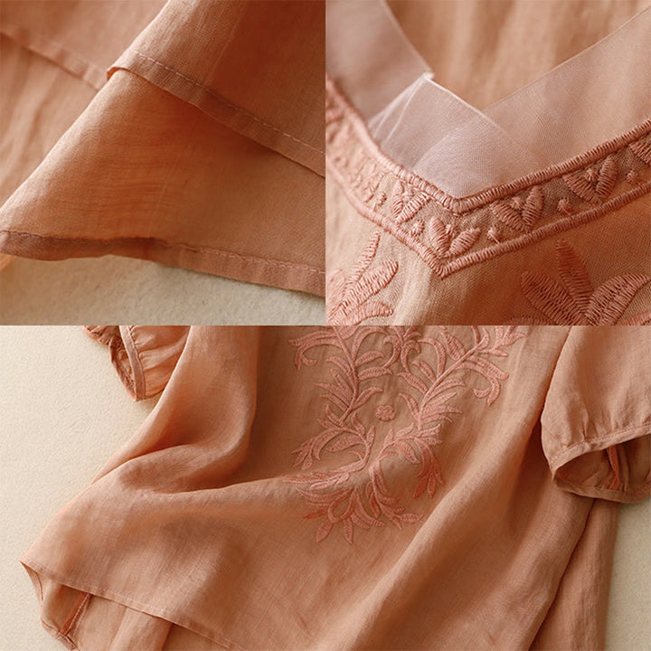 T-shirt femme vintage décontracté en coton et lin avec broderie de feuilles pures et col en V