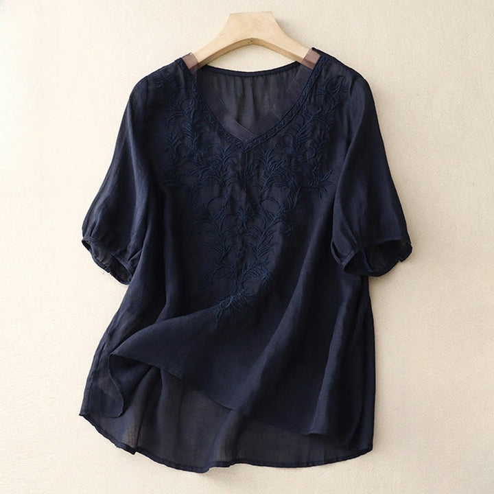 T-shirt femme vintage décontracté en coton et lin avec broderie de feuilles pures et col en V
