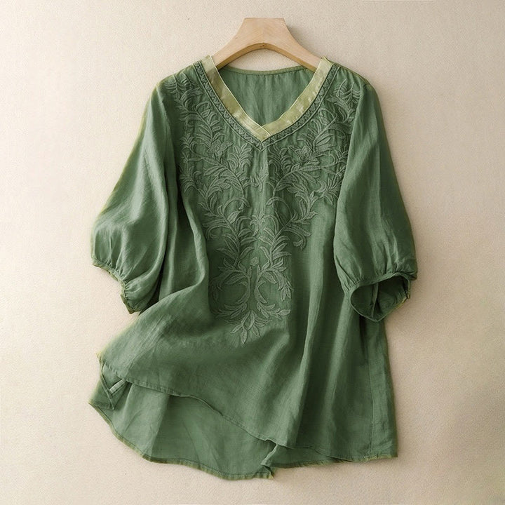 T-shirt femme vintage décontracté en coton et lin avec broderie de feuilles pures et col en V