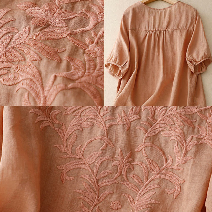 T-shirt femme vintage décontracté en coton et lin avec broderie de feuilles pures et col en V