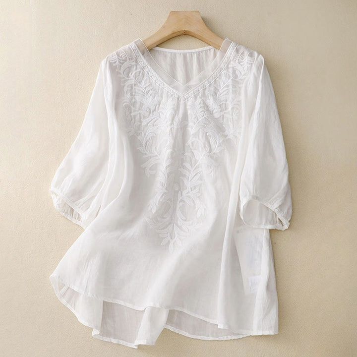 T-shirt femme vintage décontracté en coton et lin avec broderie de feuilles pures et col en V