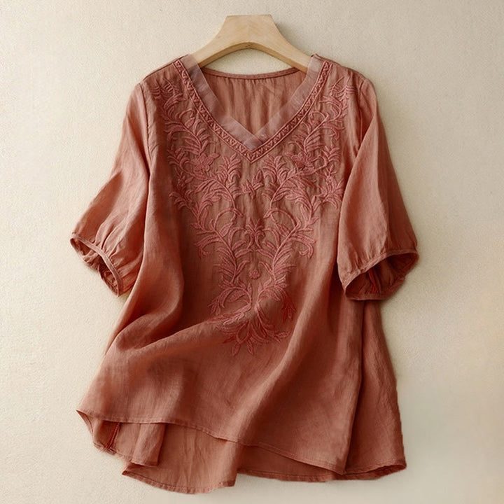 T-shirt femme vintage décontracté en coton et lin avec broderie de feuilles pures et col en V