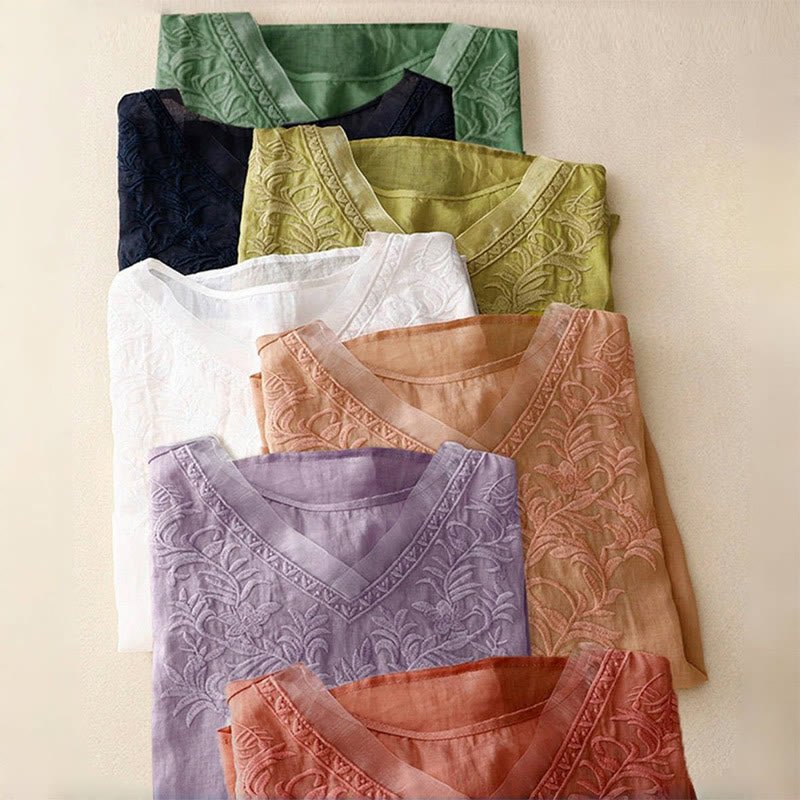 T-shirt femme vintage décontracté en coton et lin avec broderie de feuilles pures et col en V