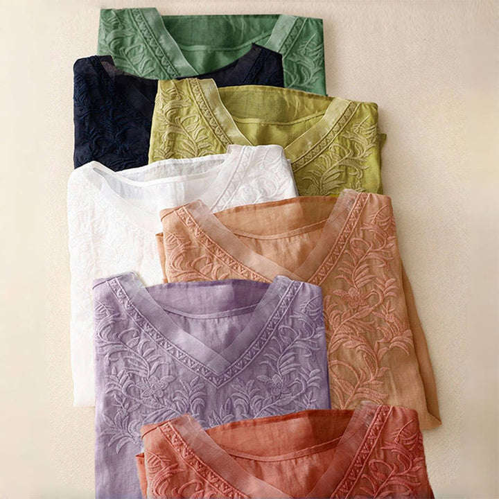 T-shirt femme vintage décontracté en coton et lin avec broderie de feuilles pures et col en V