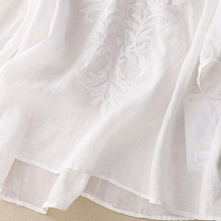 T-shirt femme vintage décontracté en coton et lin avec broderie de feuilles pures et col en V