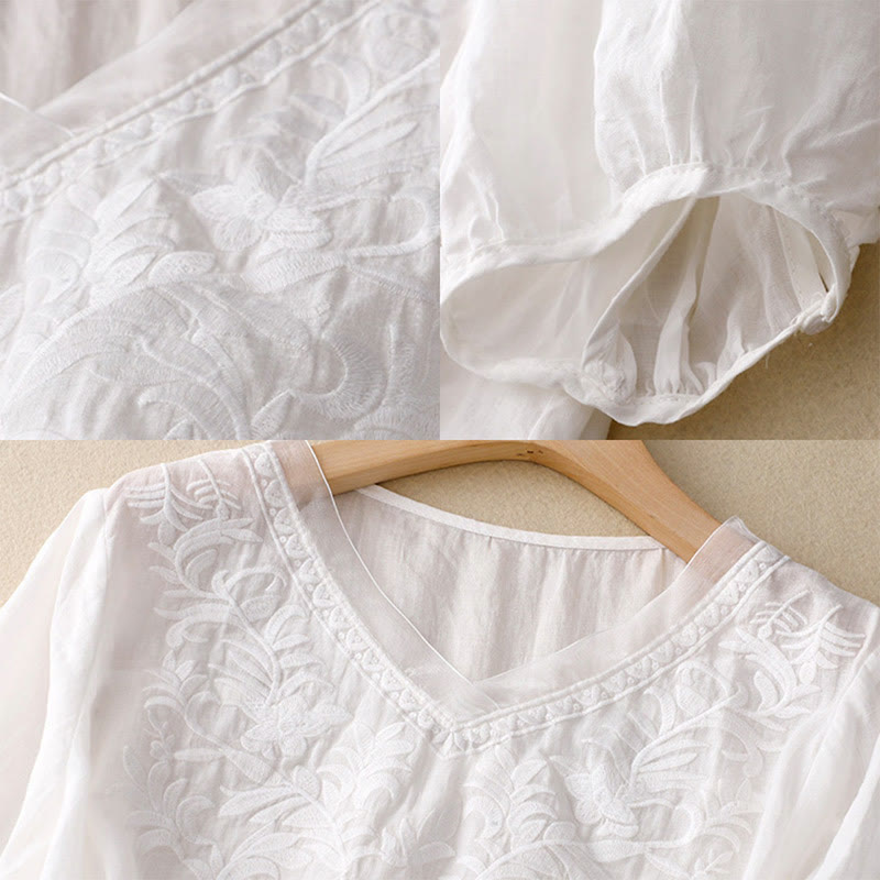 T-shirt femme vintage décontracté en coton et lin avec broderie de feuilles pures et col en V