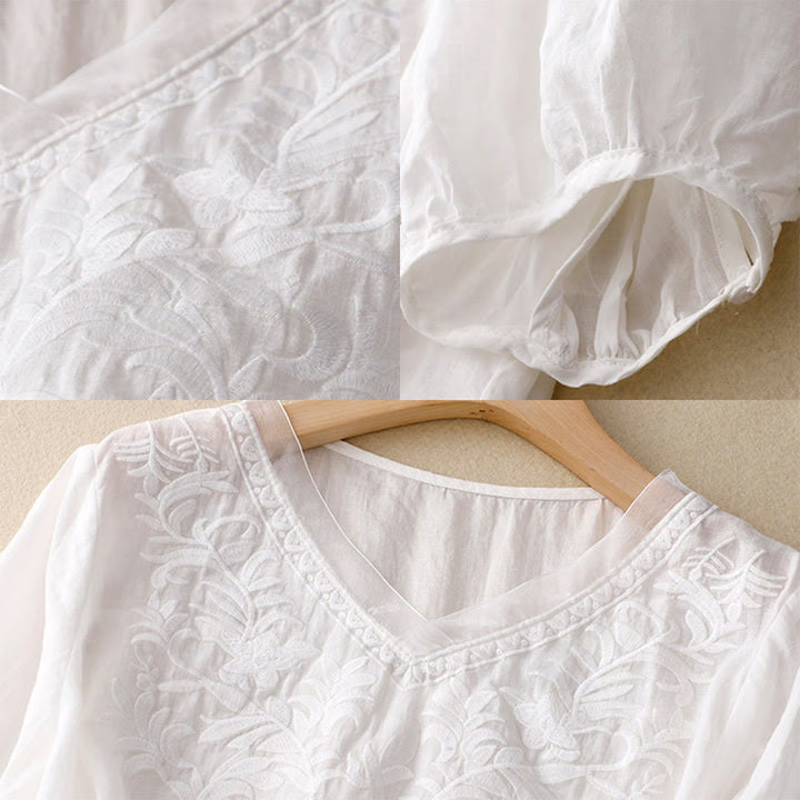 T-shirt femme vintage décontracté en coton et lin avec broderie de feuilles pures et col en V