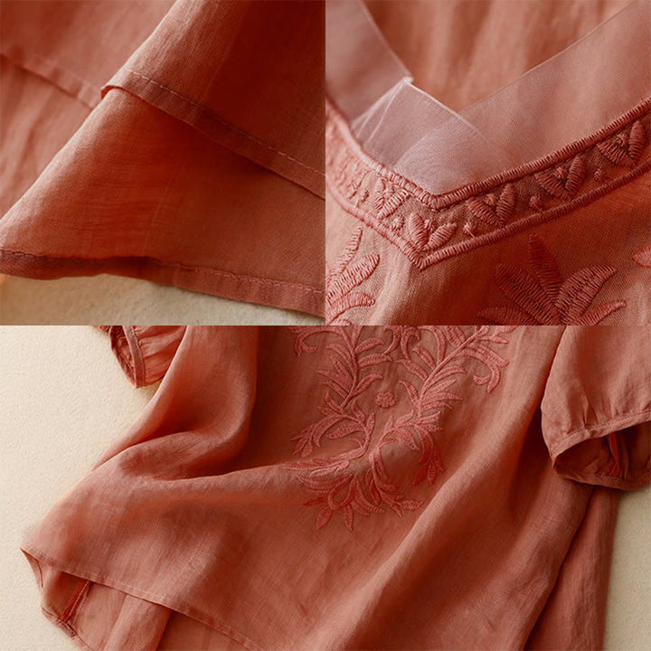 T-shirt femme vintage décontracté en coton et lin avec broderie de feuilles pures et col en V