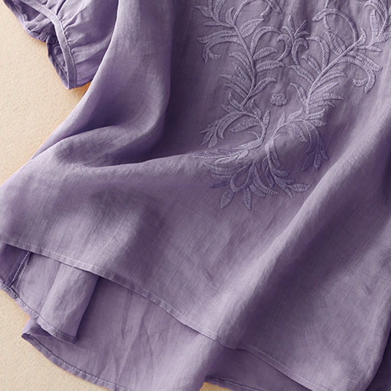T-shirt femme vintage décontracté en coton à manches mi-longues et col en V avec broderie de feuilles pures et Buddha Stones