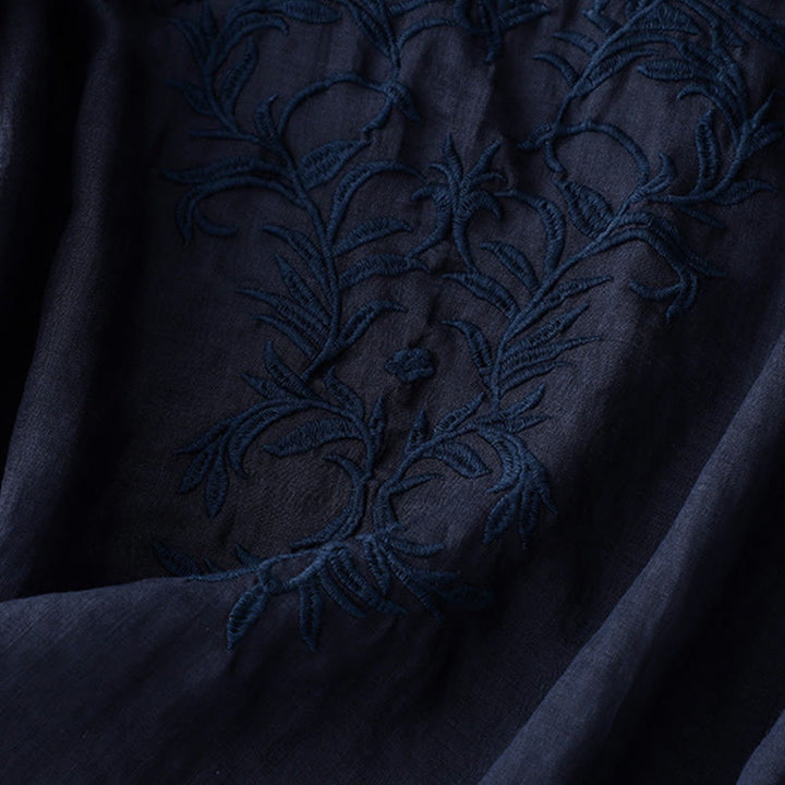 T-shirt femme vintage décontracté en coton et lin avec broderie de feuilles pures et col en V